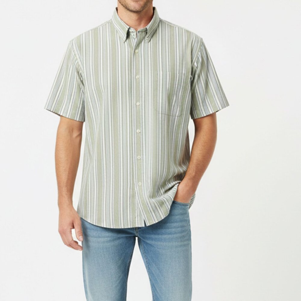 Van Heusen Stripe Short Sleeve Shirt Button Down Lightweight Casual Green
